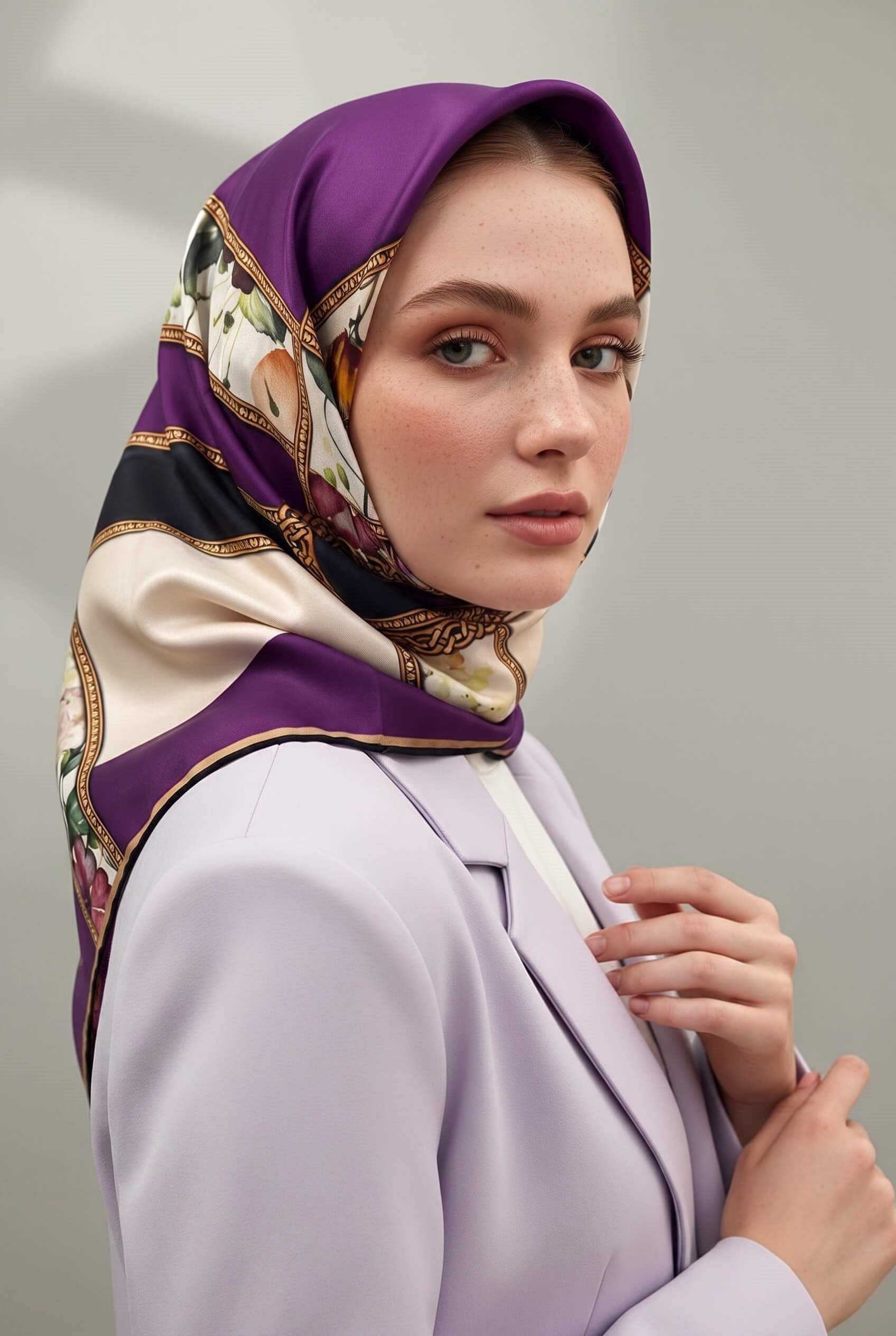 100% Twill İpek Şeritli Çiçek Desenli Krem - Mürdüm Renkli 90x90 Dikim Şekli : El Dikişi Eşarp