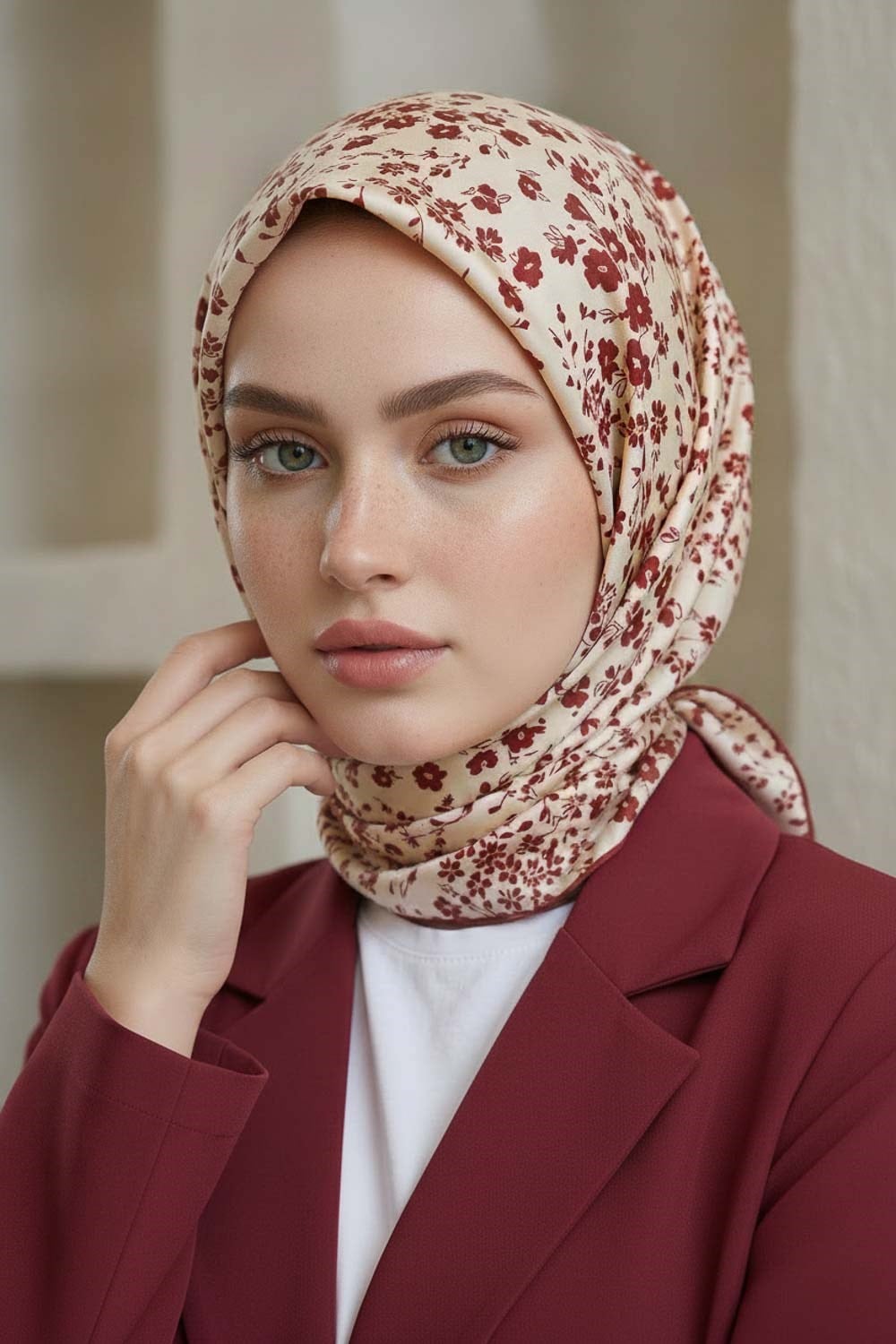 %100 Twill İpek Çıtır Çiçek Desenli Krem - Bordo Renkli 90x90 Eşarp Dikim Şekli : El Dikişi