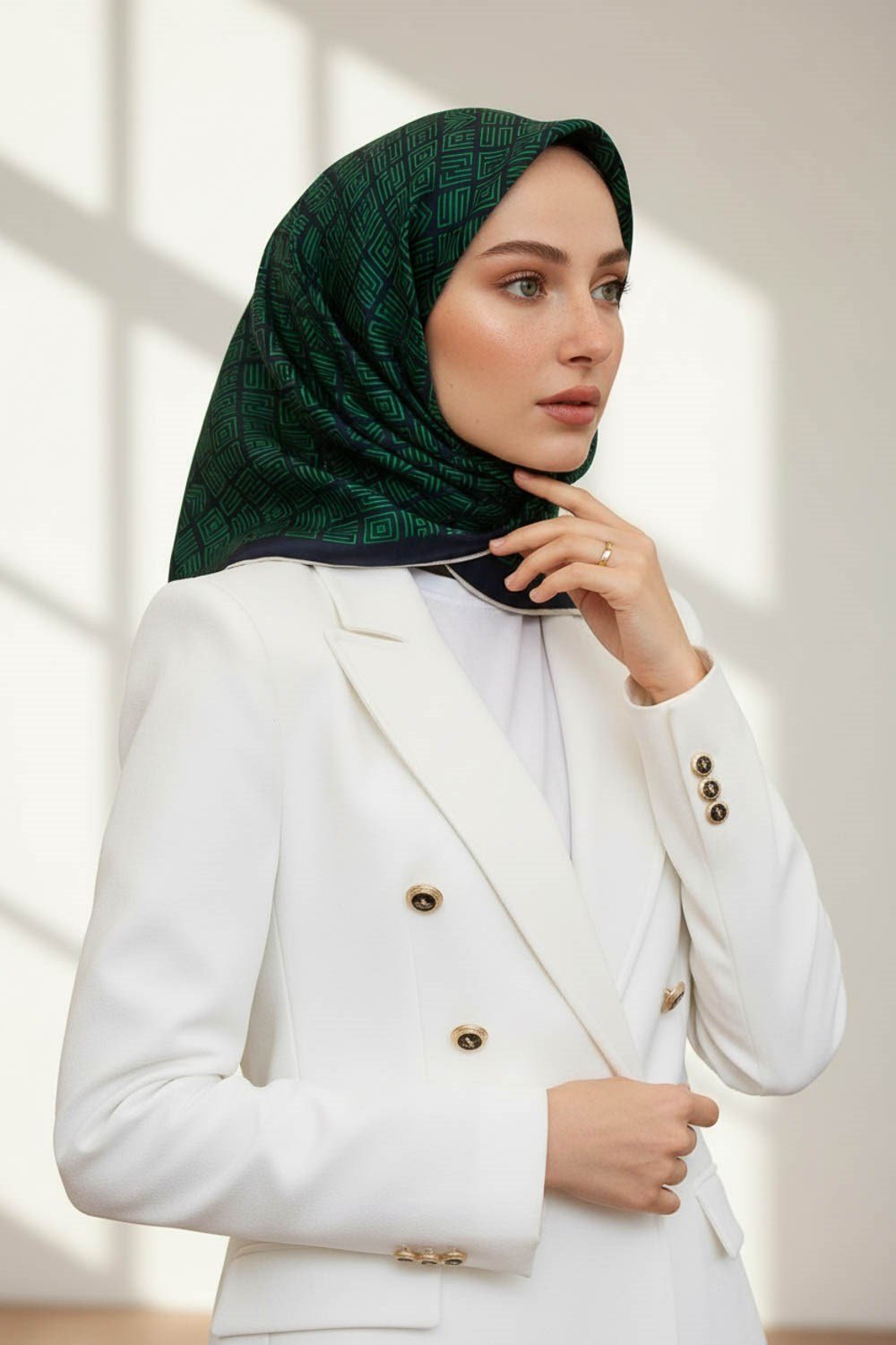 100% Twill İpek Etnik Motif Desenli Zümrüt Yeşili - Lacivert Renkli 90x90 Dikim Şekli : El Dikişi Eşarp