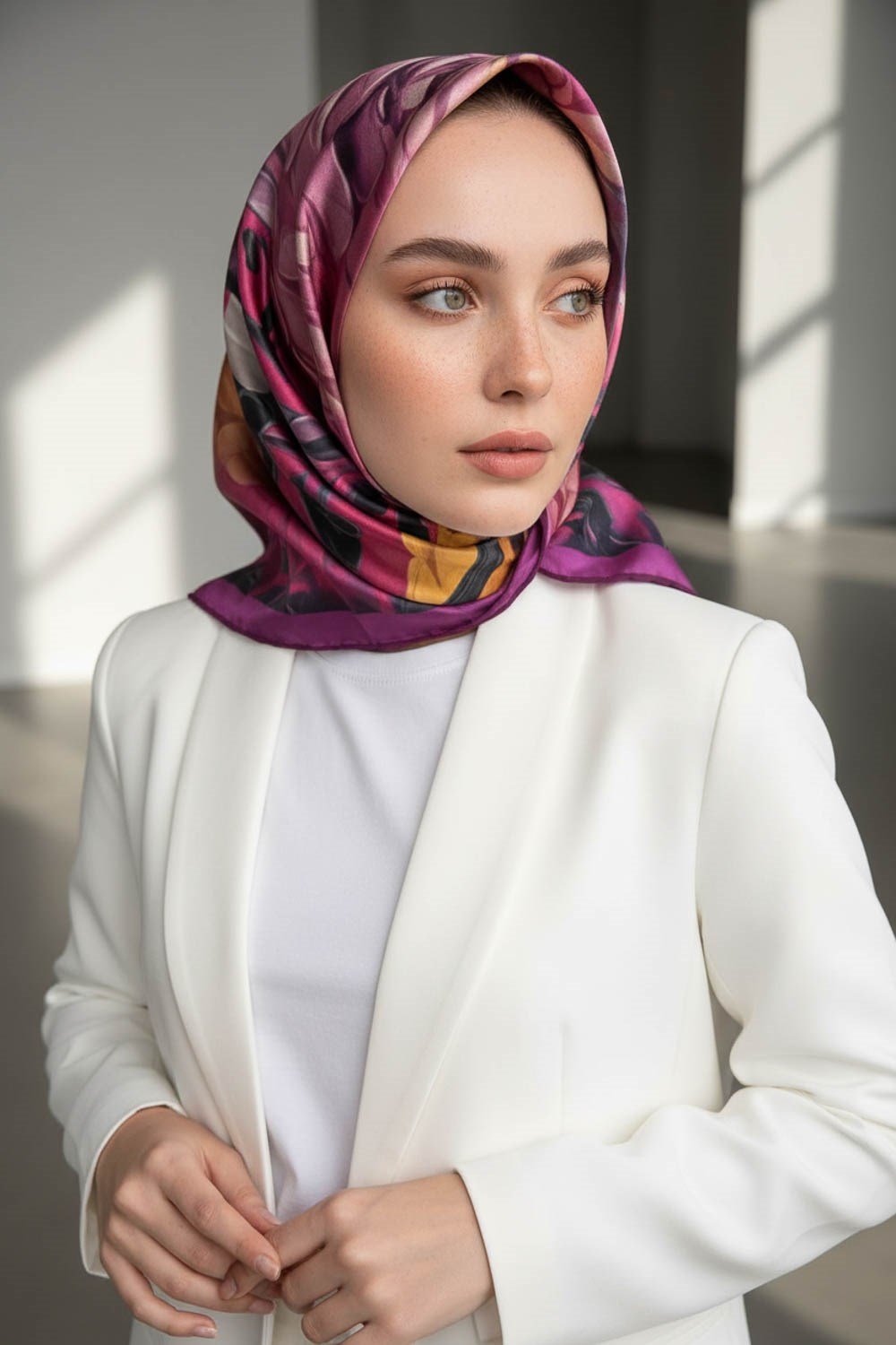 %100 Twill İpek Dumanlı Çiçek Desenli Mürdüm Renkli 90x90 Eşarp Kenar Dikiş Şekli El Dikişli