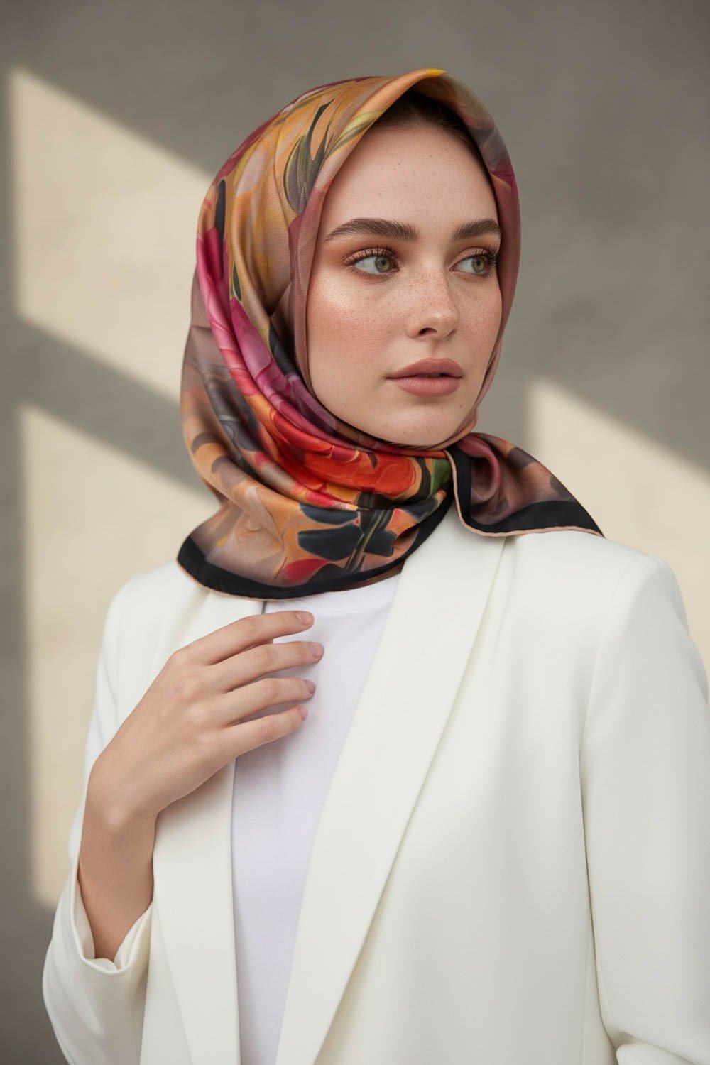 %100 Twill İpek Dumanlı Çiçek Desenli Somon Renkli 90x90 Eşarp Kenar Dikiş Şekli El Dikişli