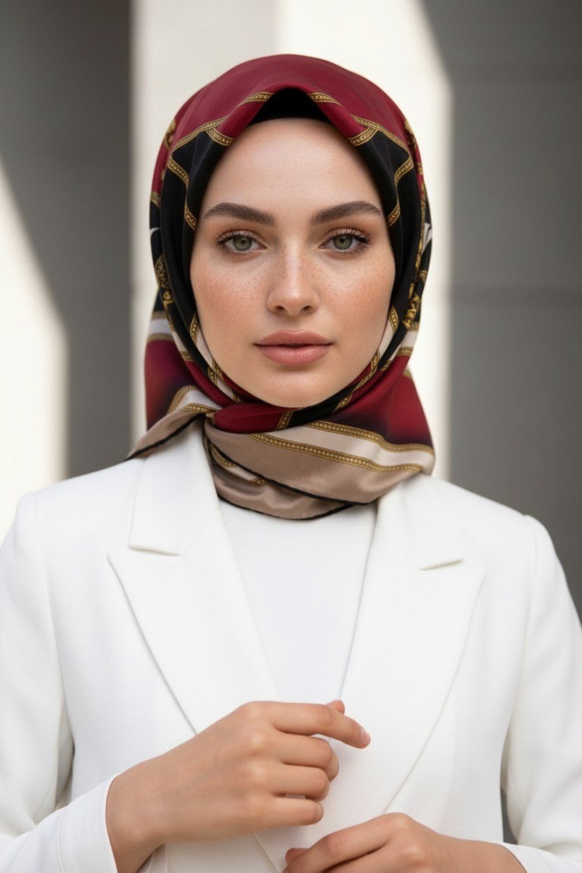 %100 Twill İpek Baroklu Ve Geometrik Desenli Bordo - Bej Renkli 90x90 Eşarp Dikim Şekli : El Dikişi