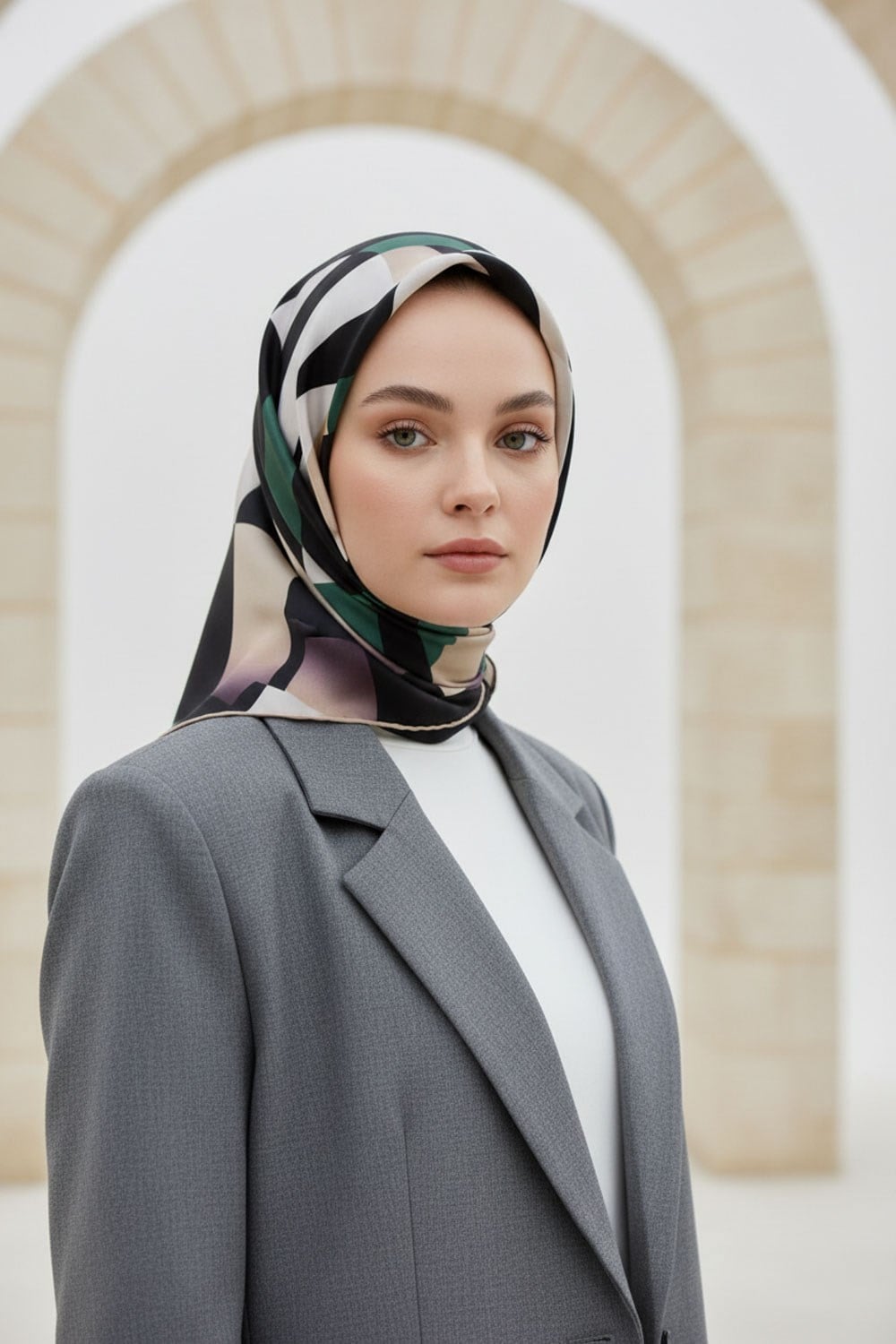 %100 Twill İpek Geometrik Desenli Petrol Yeşili - Bej Renkli 90x90 Eşarp Dikim Şekli : El Dikişi