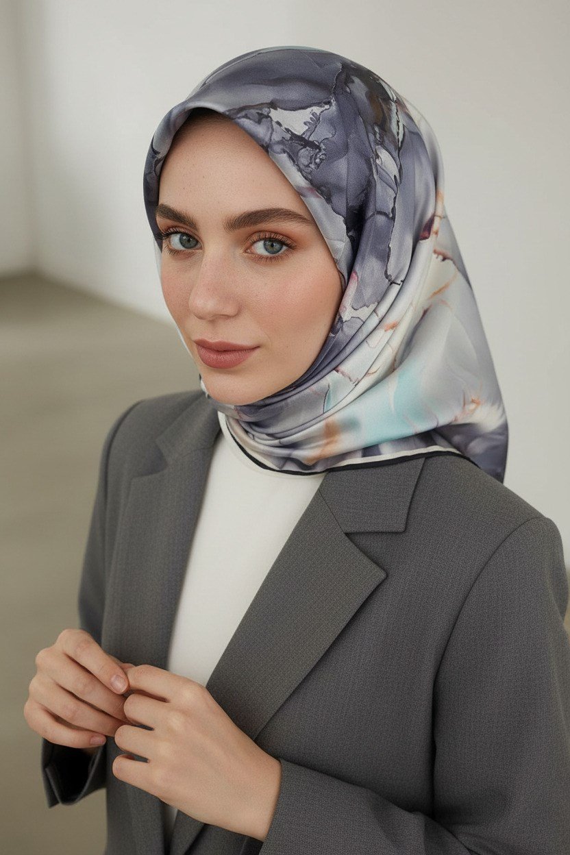 %100 Twill İpek Batik Çiçek Desenli Gri - Bebe Mavisi Renkli 90x90 Eşarp Kenar Dikiş Şekli El Dikişli