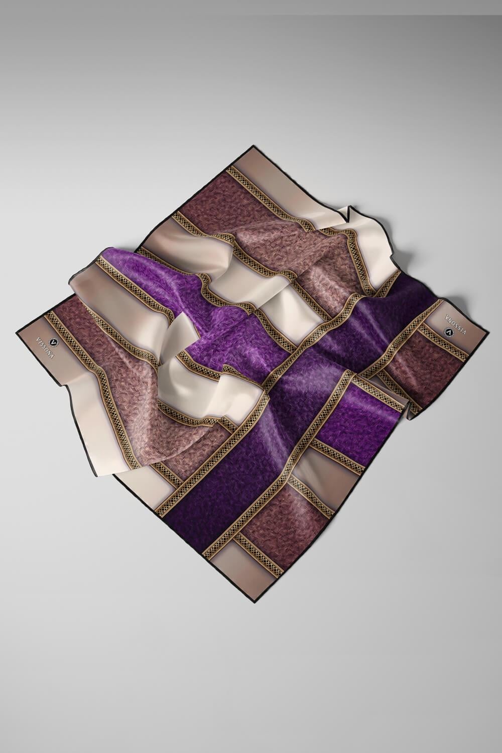 %100 Twill İpek Dokulu Ve Şerit Desenli Mor - Somon Renkli 90x90 Eşarp Dikim Şekli : El Dikişi
