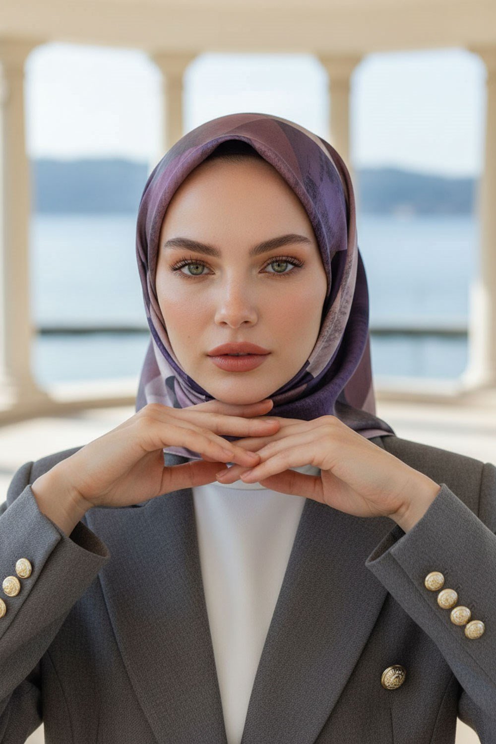 %100 Twill İpek Geometrik Desenli Lila - Pembe Renkli 90x90 Eşarp Dikim Şekli : El Dikişi