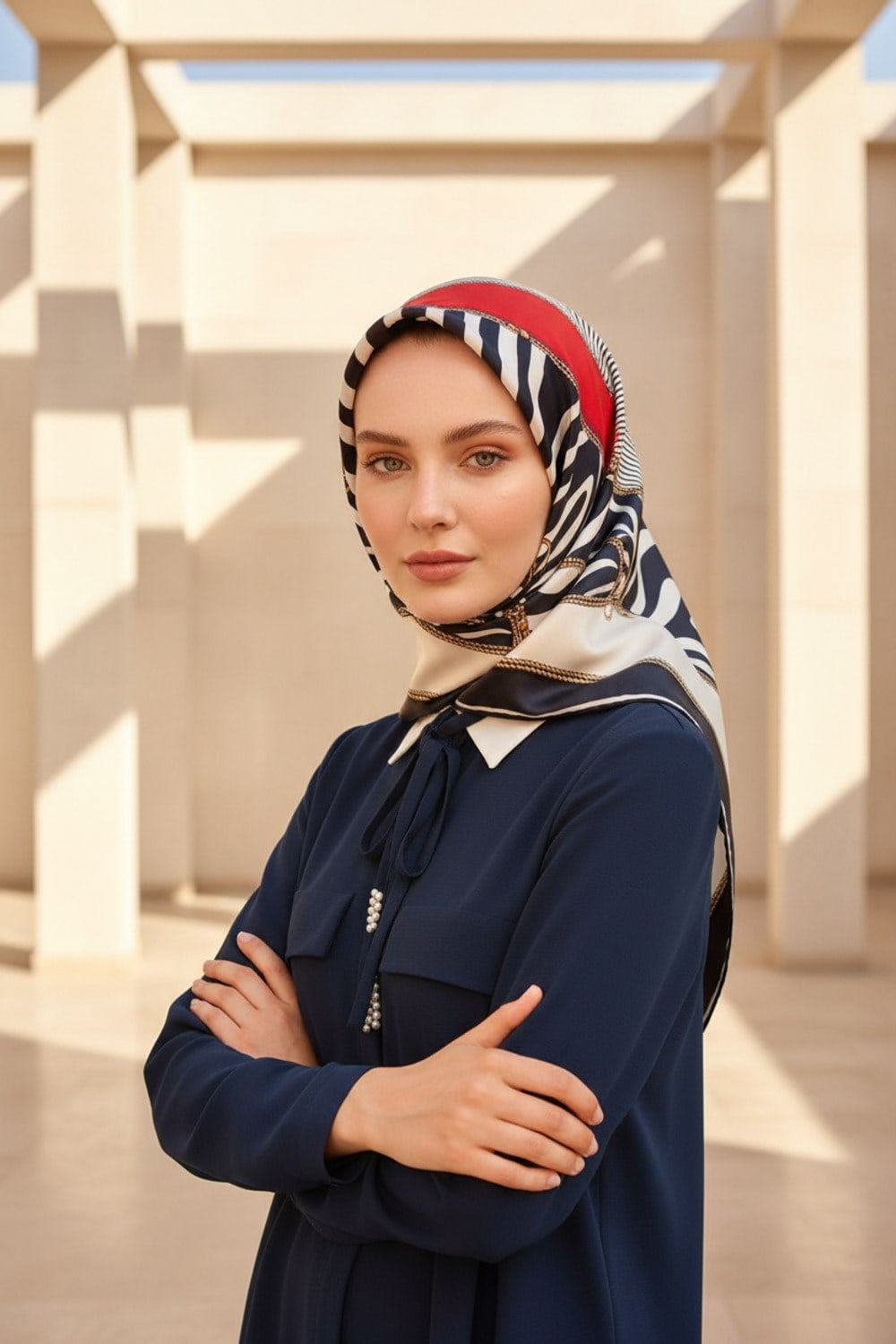 %100 Twill İpek Zincirli Ve Zebra Desenli Lacivert - Kırmızı Renkli 90x90 Eşarp Dikim Şekli : El Dikişi