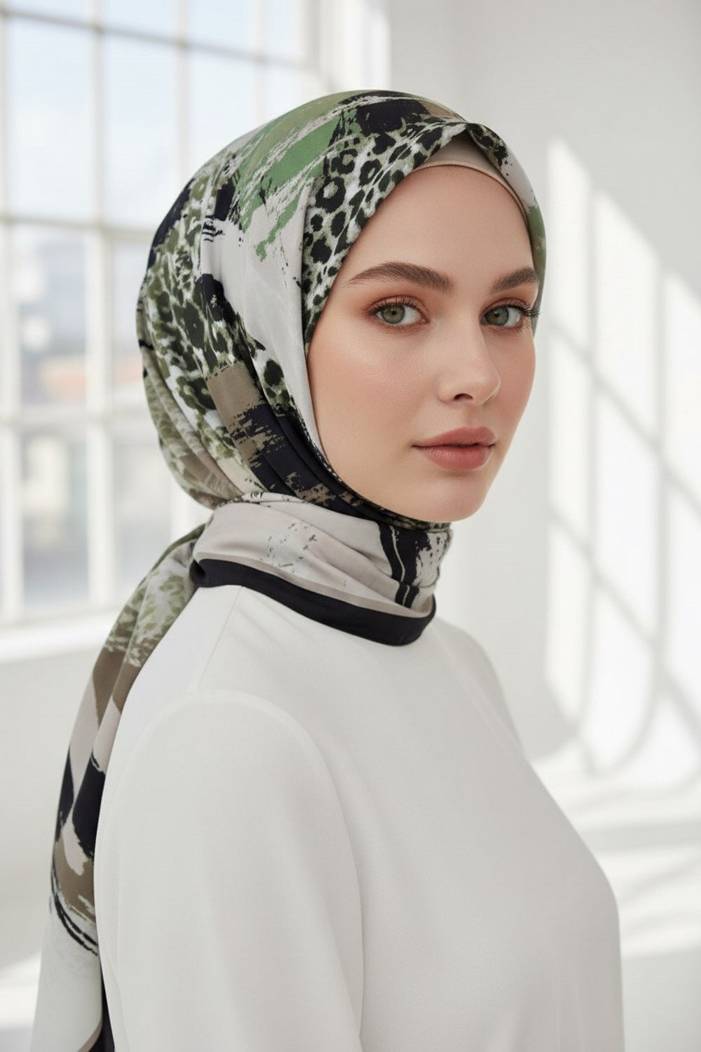 KREP LEOPAR DESENLİ KREM - HAKİ YEŞİLİ RENKLİ 75X195 KIRIŞMAZ ŞAL