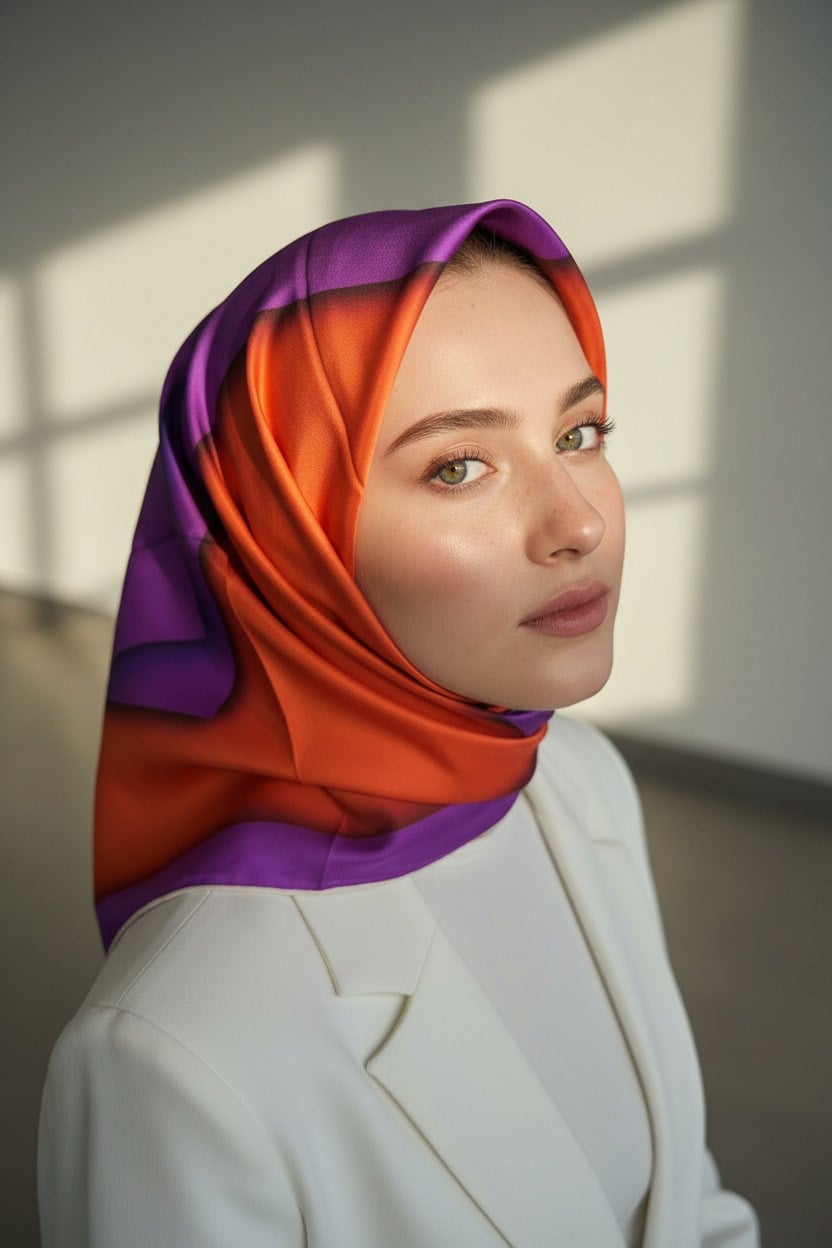 %100 Twill Renk Bloklu Çizgili Desenli Mor - Zümrüt Yeşili Renkli 90x90 Eşarp Dikim Şekli: El Dikişii