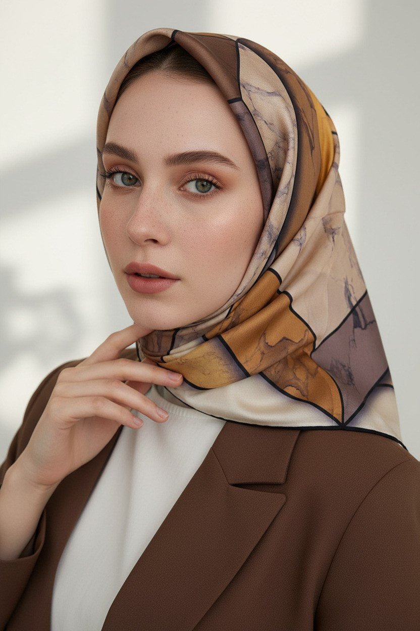 %100 Twill İpek Mermer Desenli Hardal - Bej Renkli 90x90 Eşarp Dikim Şekli : El Dikişi
