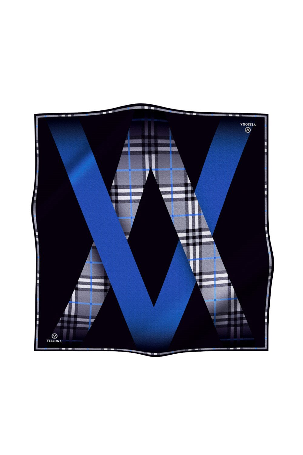 %100 Twill İpek Eşarp 90x90 Saks Siyah Ekose Desenli El Dikişli Kadın Eşarp