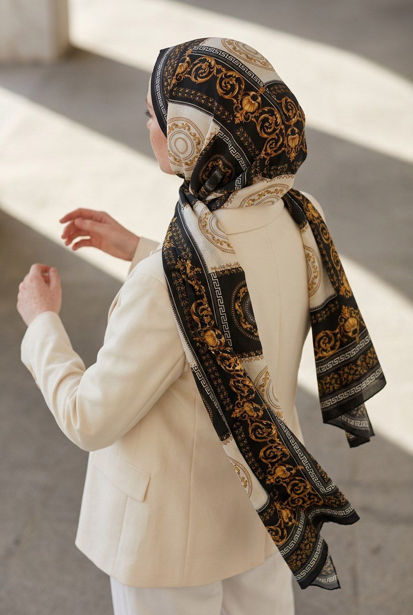 KREP BAROK DESENLİ SİYAH RENKLİ 75X195 KIRIŞMAZ ŞAL