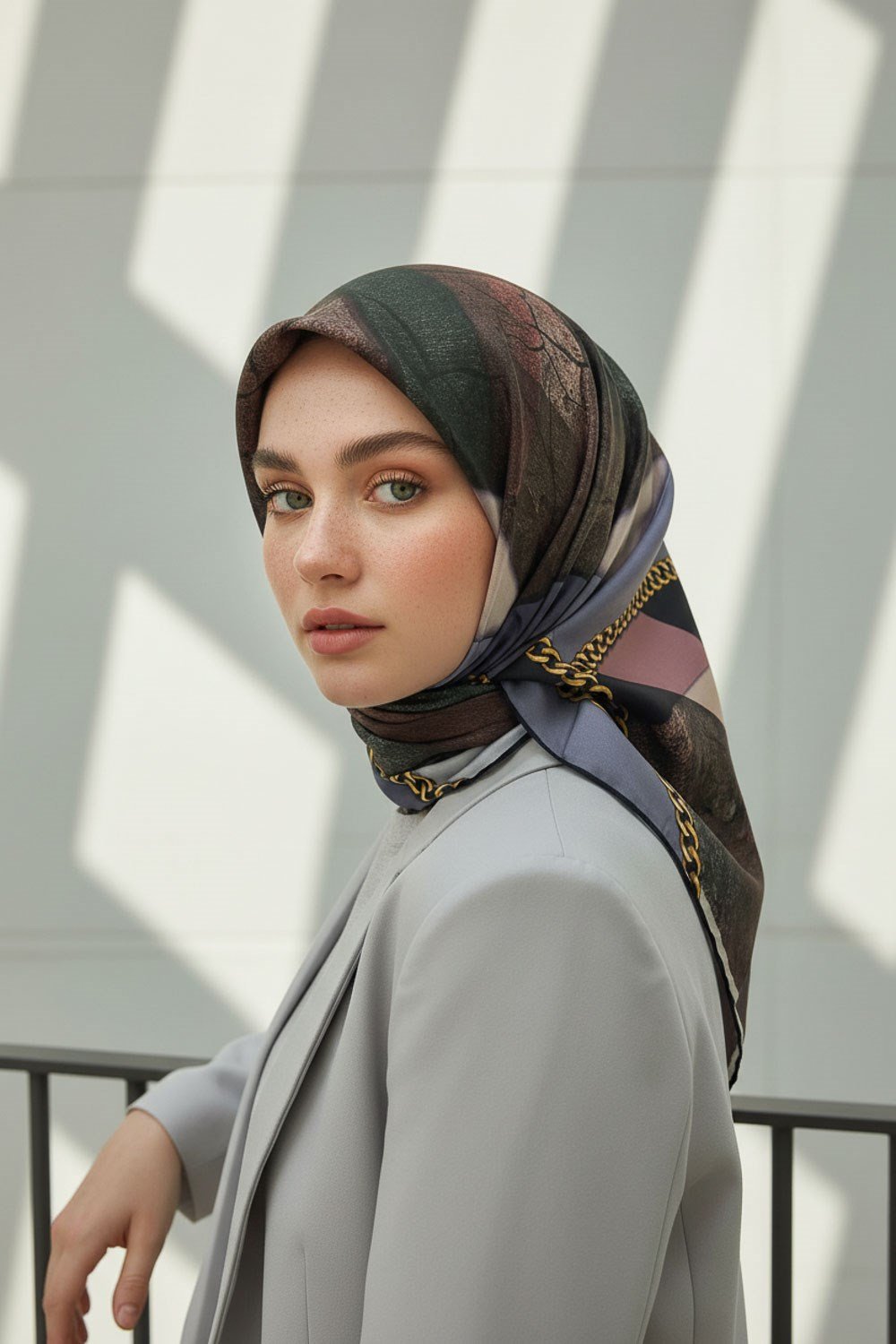 %100 Twill İpek Taş Efekti Desenli Pudra - Gri Renkli 90x90 Eşarp Dikim Şekli : El Dikişi