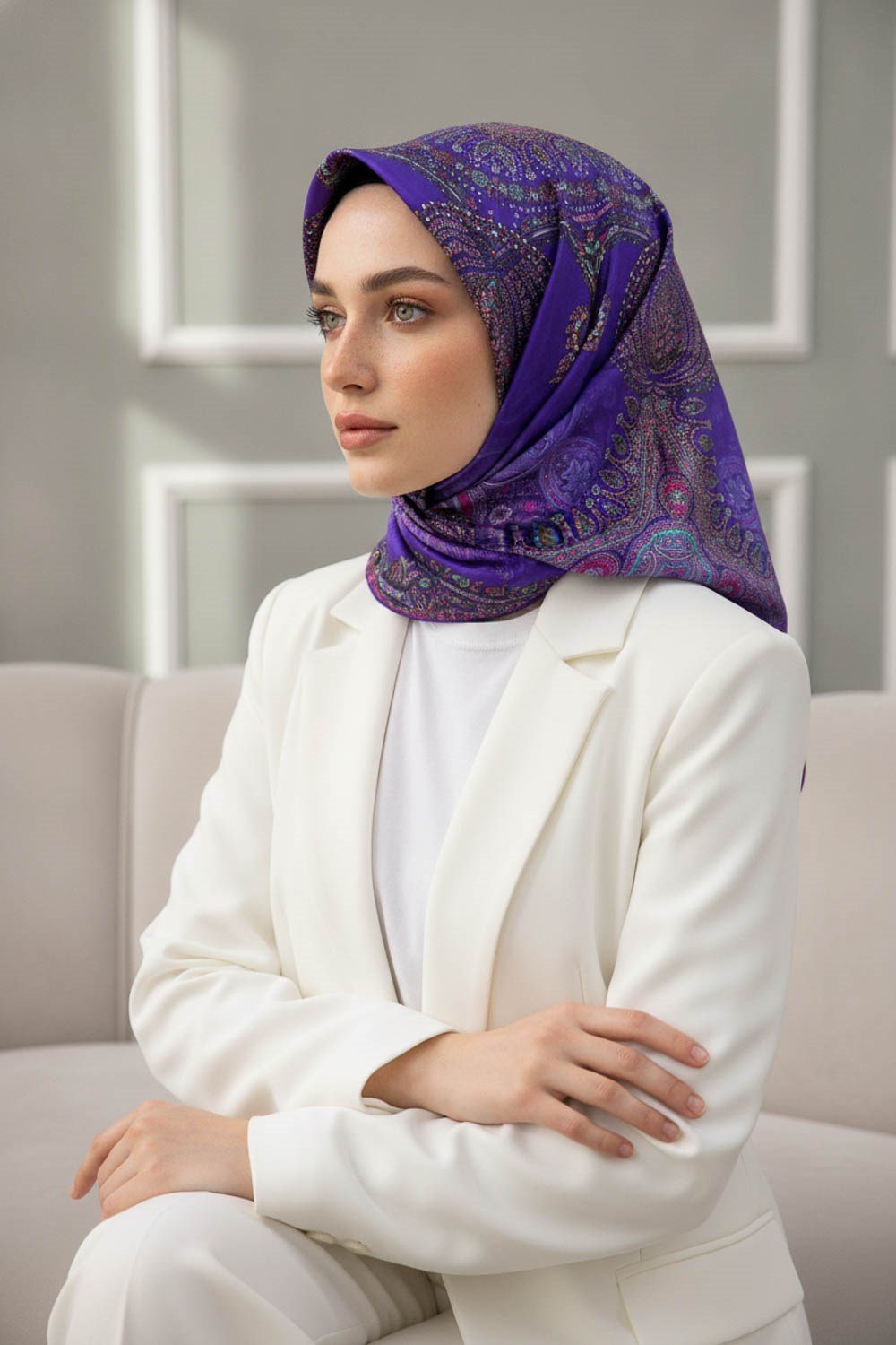 %100 Twill İpek Şal Desenli Mor Renkli 90x90 Eşarp Dikim Şekli : El Dikişi