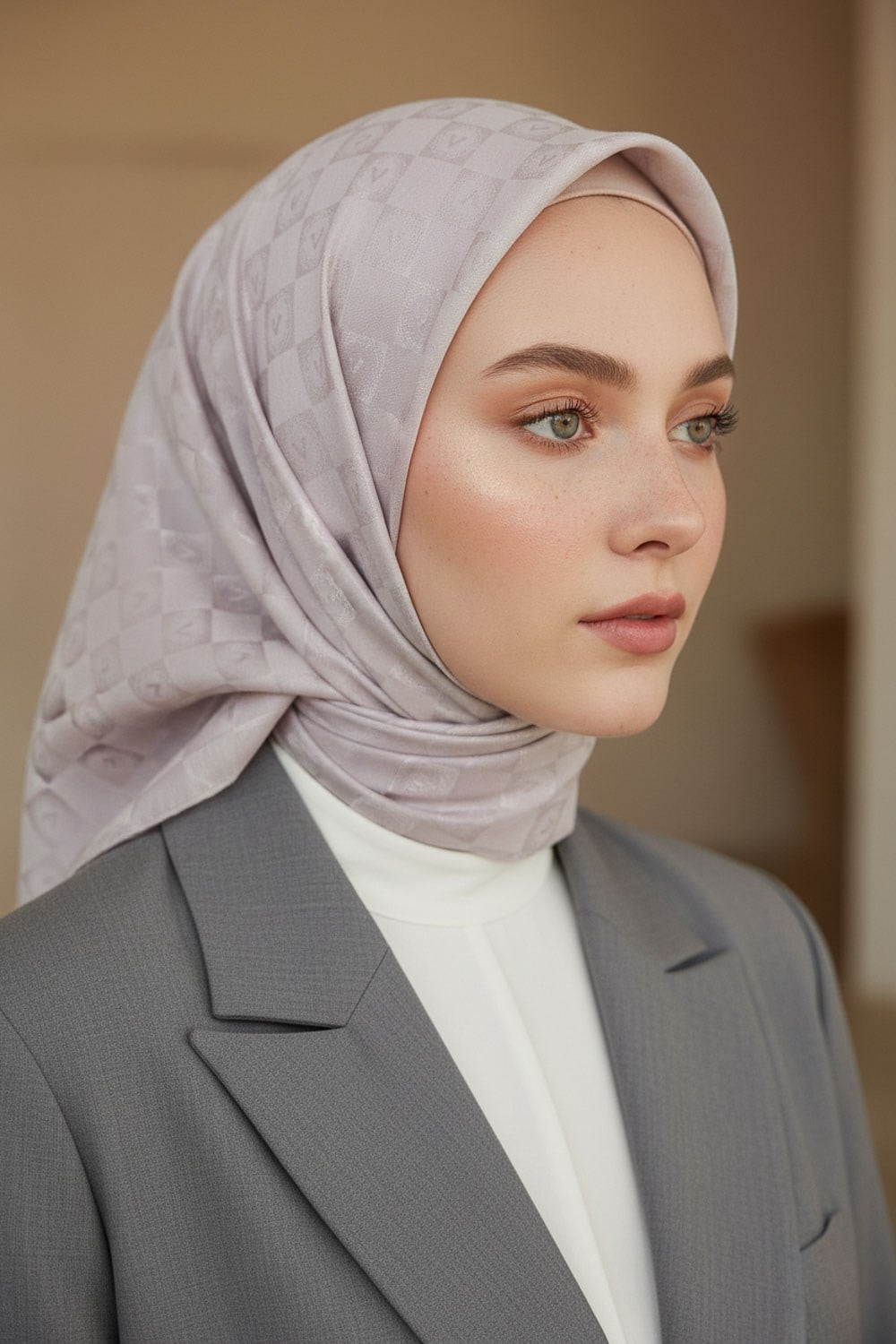 %57 İpek %43 Pamuk Jakarlı Monogram Eşarp 92X92