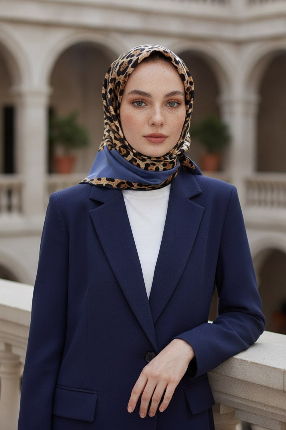 %100 Twill İpek Leopar Desenli İndigo Renkli 90x90 Eşarp Dikim Şekli : El Dikişi