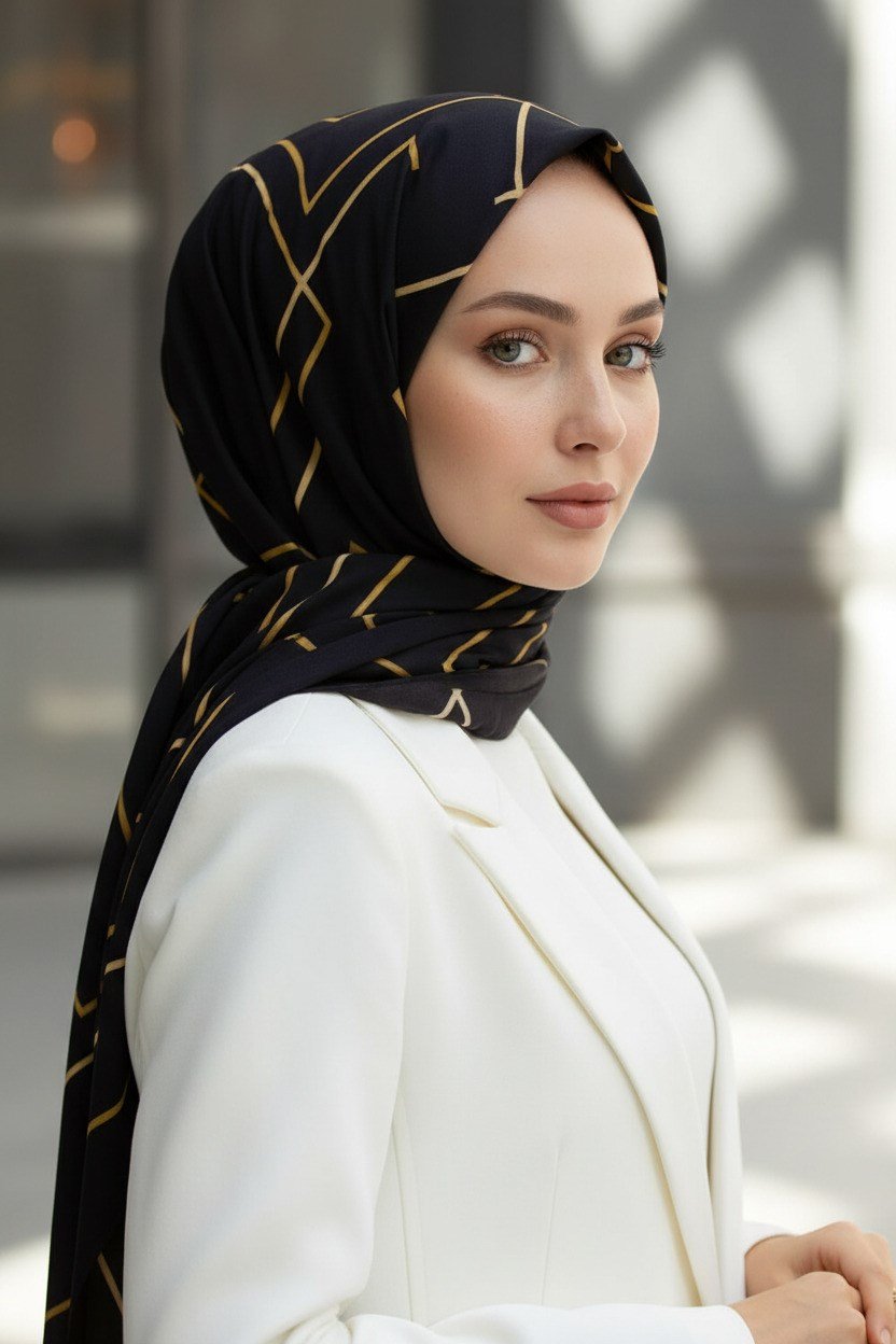 KREP GOLD DETAYLI KARO DESENLİ SİYAH RENKLİ 75X195 KIRIŞMAZ ŞAL