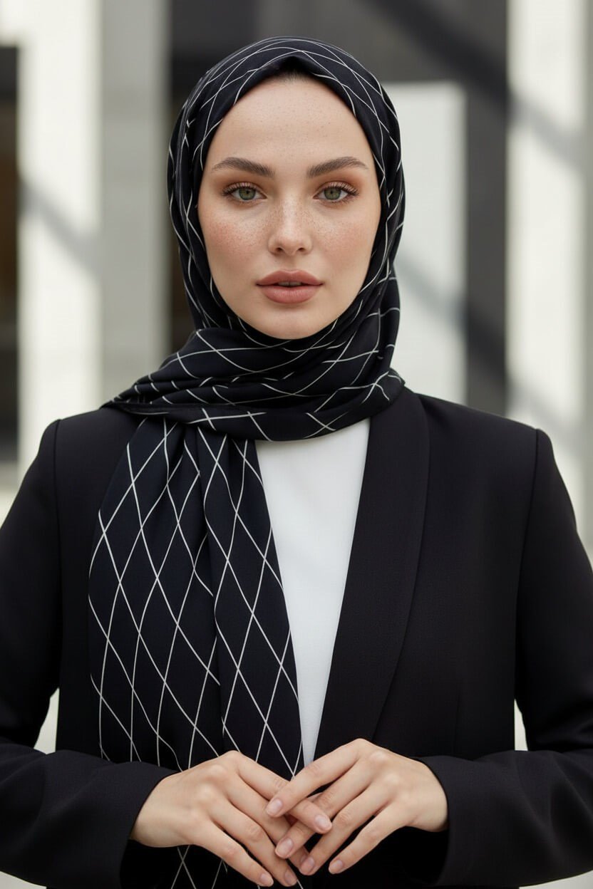 KREP GEOMETRİK DESENLİ SİYAH RENKLİ 75X195 KIRIŞMAZ ŞAL