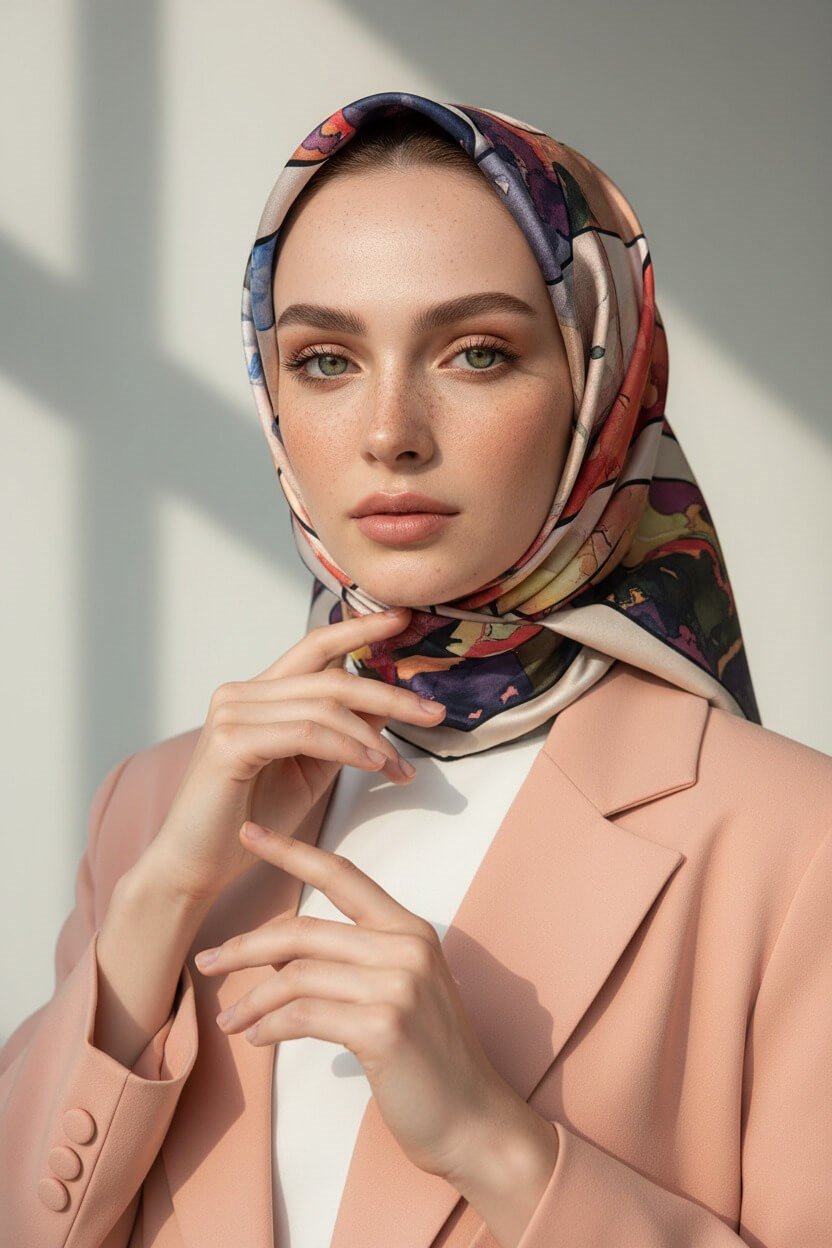 %100 Twill İpek Bahar Çiçekleri Desenli Pudra - Bebe Mavisi Renkli 90x90 Eşarp Kenar Dikiş Şekli El Dikişli