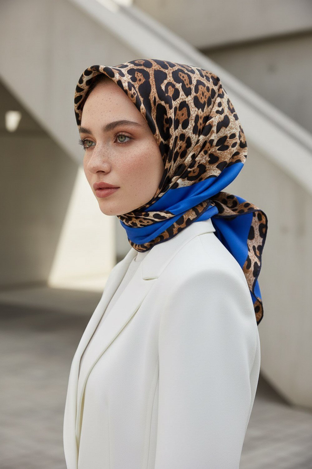 %100 Twill İpek Leopar Desenli Saks Renkli 90x90 Eşarp Dikim Şekli : El Dikişi