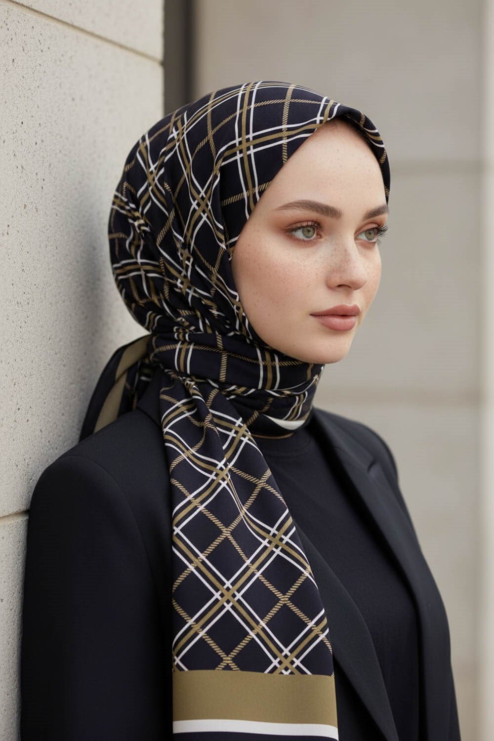 KREP EKOSE DESENLİ SİYAH - VİZON RENKLİ 75X195 KIRIŞMAZ ŞAL