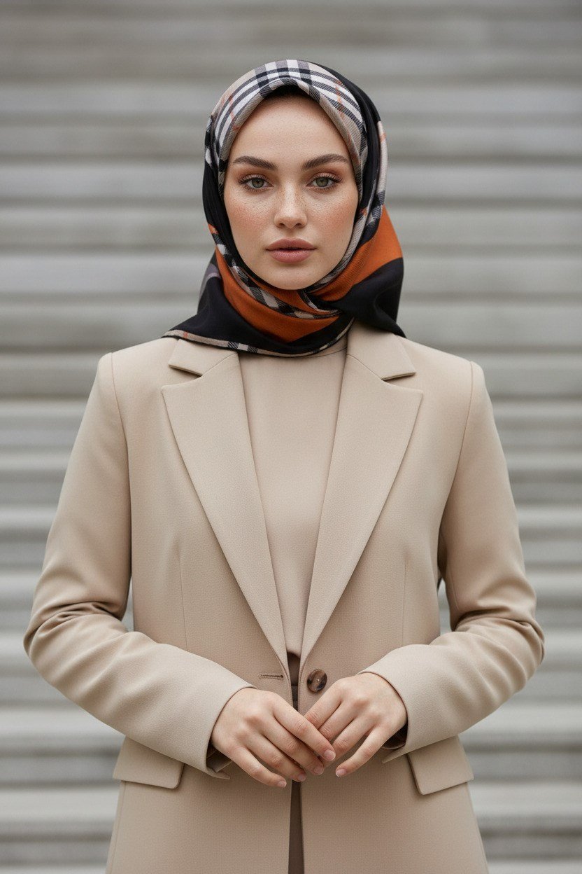%100 Twill İpek Eşarp 90x90 Taba Siyah Ekose Desenli El Dikişli Kadın Eşarp