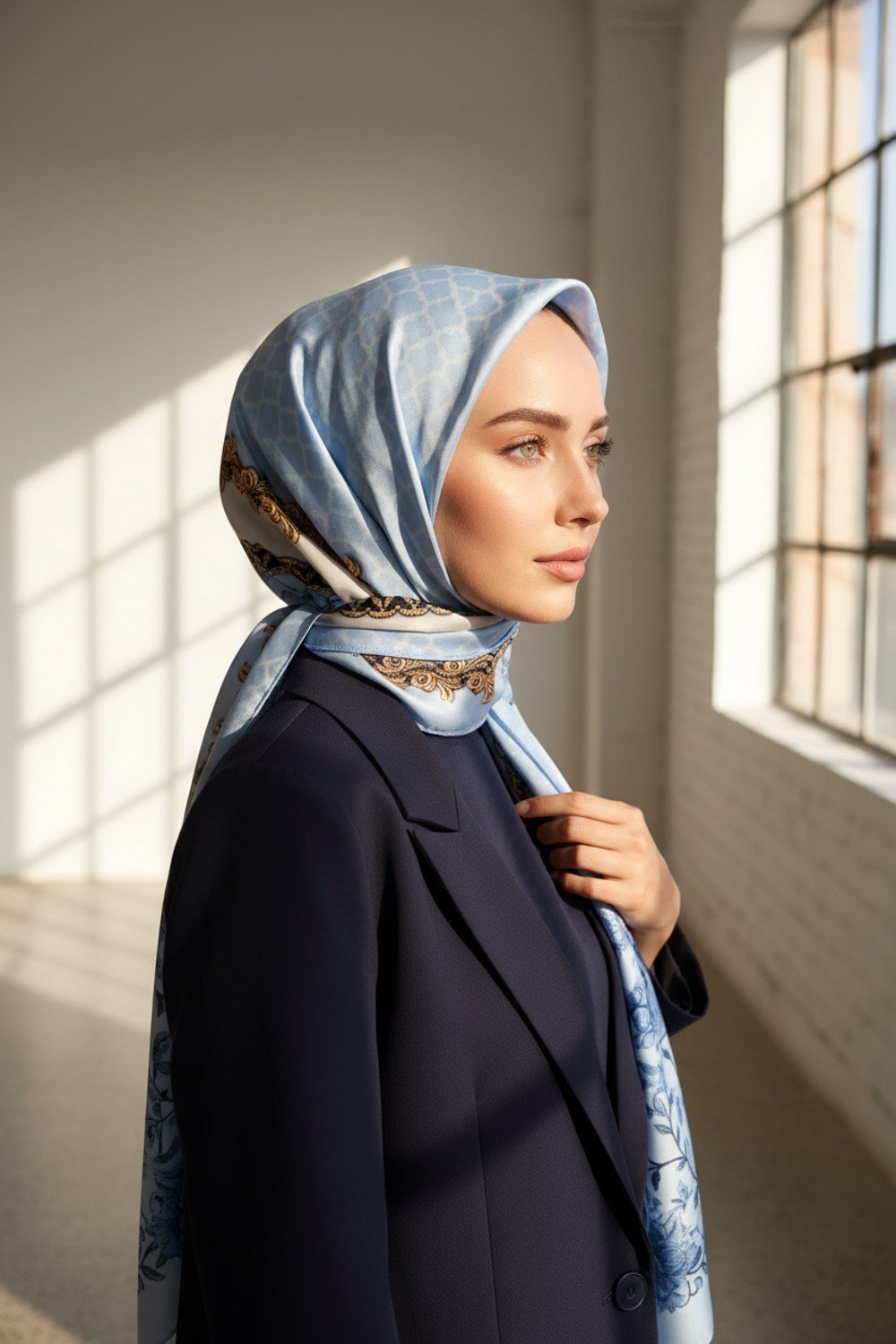 %100 Saf İpek Şal İnce Saten Vual Dokuma Yaprak Desenli Bebe Mavisi - Gold Renkli 90x210 Şal