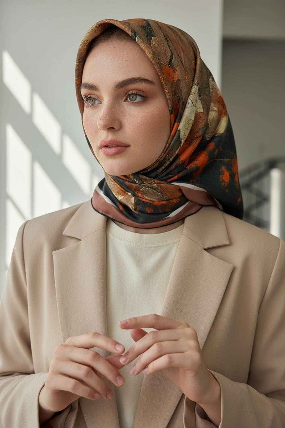 %100 Twill İpek Yağlı Boya Çiçek Desenli Taba - Petrol Yeşili Renkli 90x90 Eşarp Dikim Şekli : El Dikişi