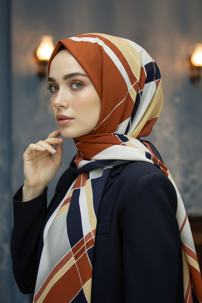 KREP GEOMETRİK DESENLİ TABA RENKLİ 75X195 KIRIŞMAZ ŞAL