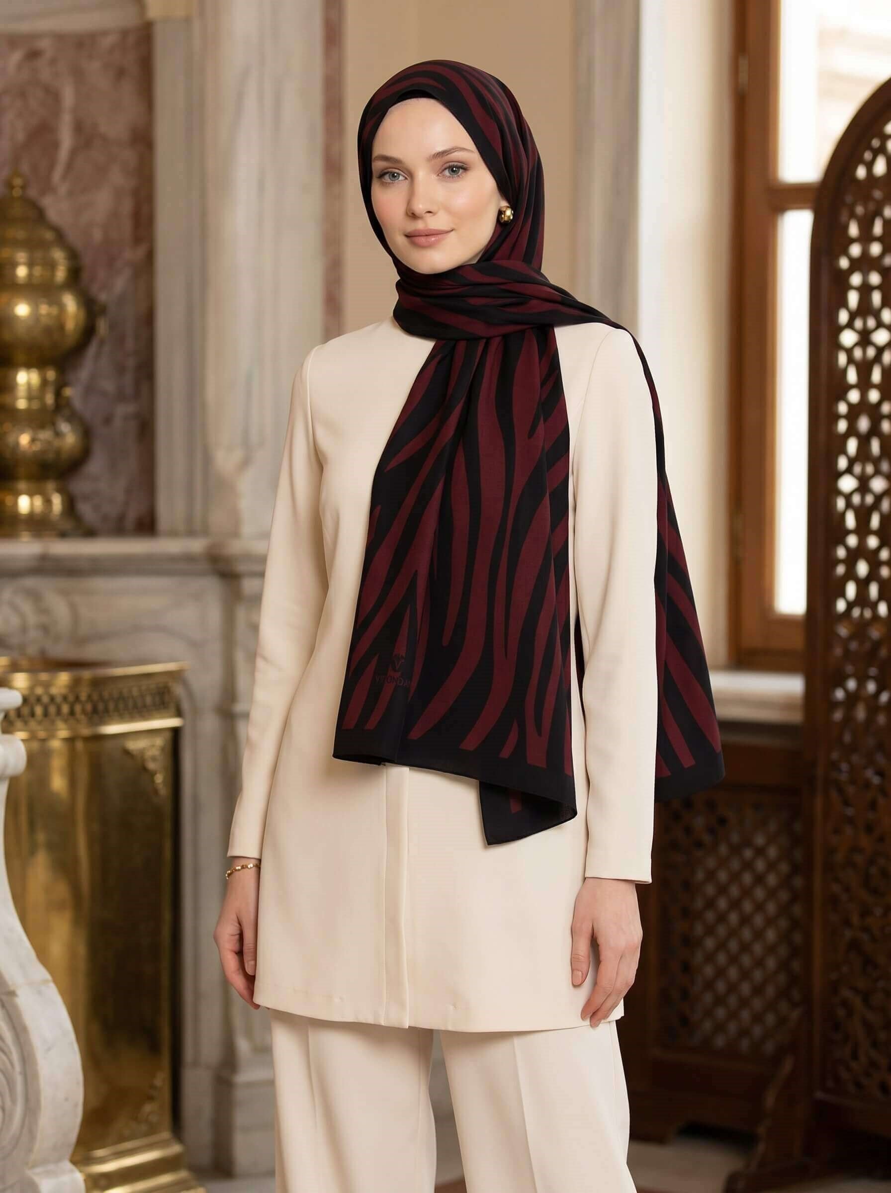 Kırışmaz Krep Şal Zebra Desenli Siyah Kırmızı – Ütü İstemez Kolay Şekil Alır 75x195 cm