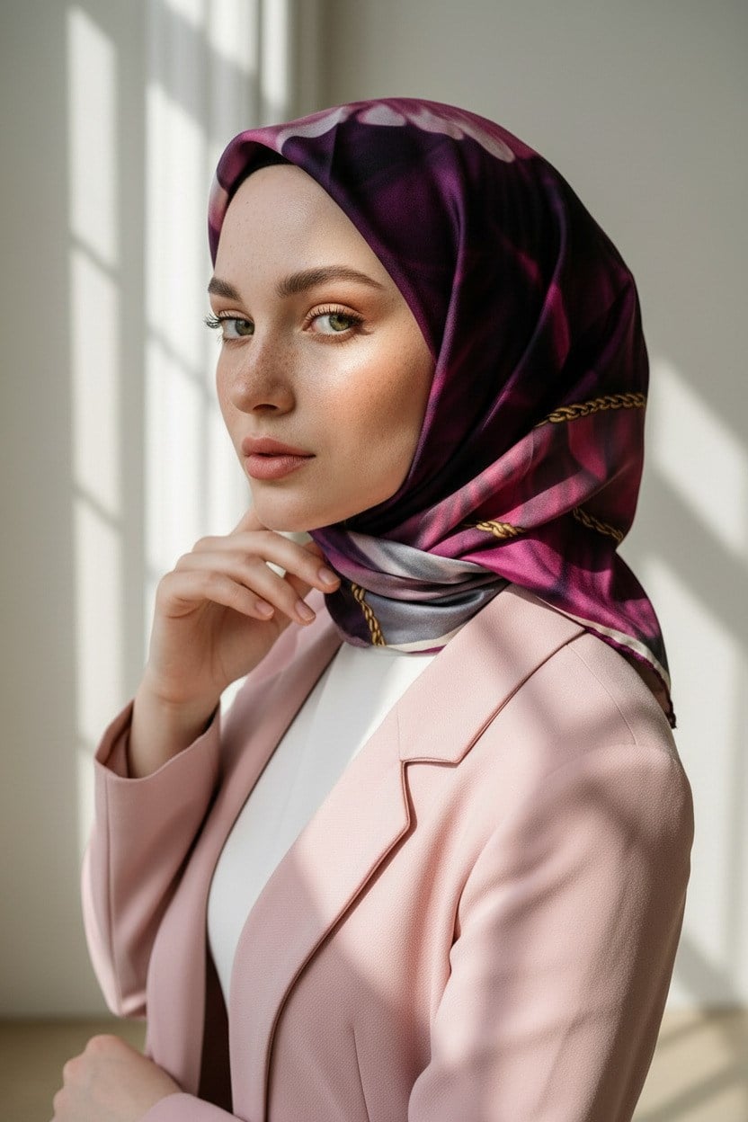 % 57 İPEK % 43 VİSKON Twill İpek Çiçek Geometrik Desenli fuşya Renkli 90x90 Eşarp Dikim Şekli : El Dikişi