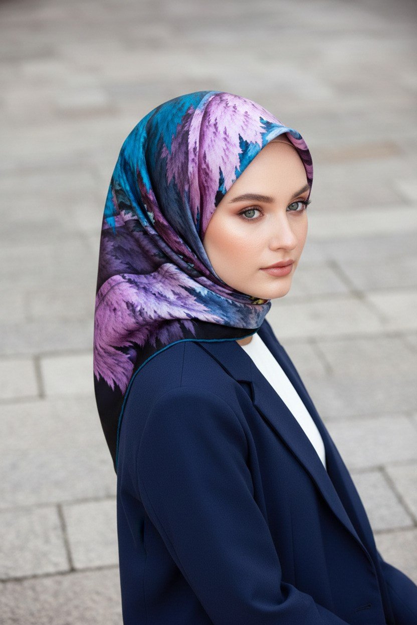 %100 Twill İpek Yaprak Desenli Lacivert - Petrol Mavisi Renkli 90x90 Eşarp Dikim Şekli : El Dikişi