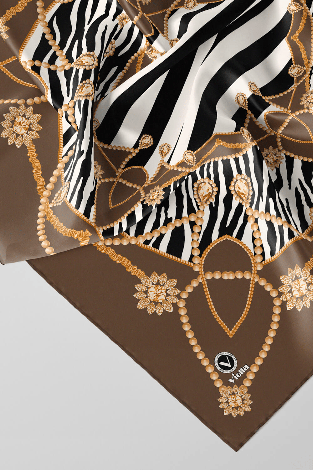 Twill Gold Detaylı Zebra Desenli Vizon Renkli 90x90 Eşarp (İpek İçermez) Kenar Dikiş Şekli El Dikişli