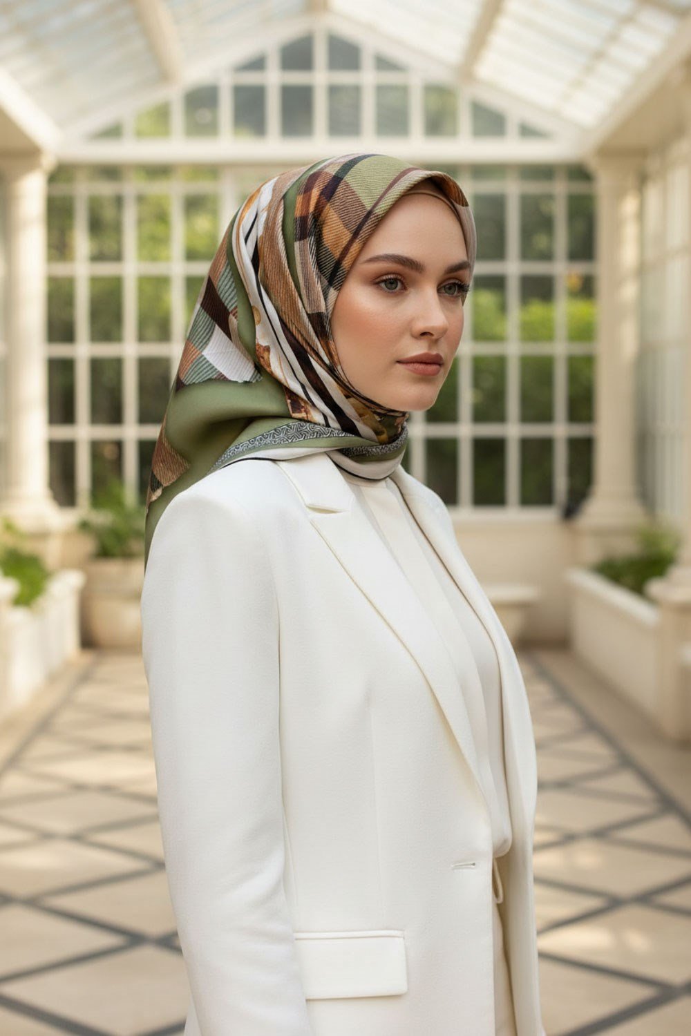 %100 Twill İpek Eşarp 90x90 Haki Bakır Ekose Desenli El Dikişli Kadın Eşarp
