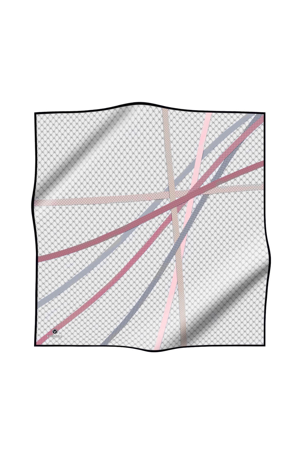 %100 Twill İpek Monogram Ve Şerit Desenli Pembe - Gri Renkli 90x90 Eşarp Dikim Şekli : El Dikişi