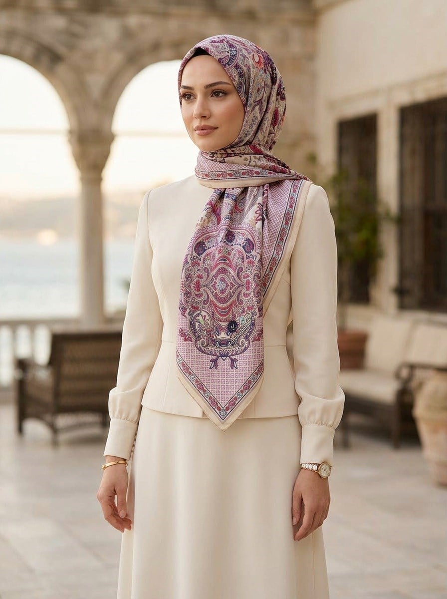 %100 Saf İpek Şal İnce Saten Vual Dokuma Etro Desenli Bej - Mürdüm Renkli 90x210 Şal