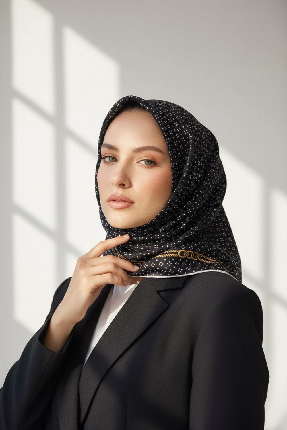 %100 Twill İpek Zincir Desenli Siyah - Krem Renkli 90x90 Eşarp Dikim Şekli : El Dikişi