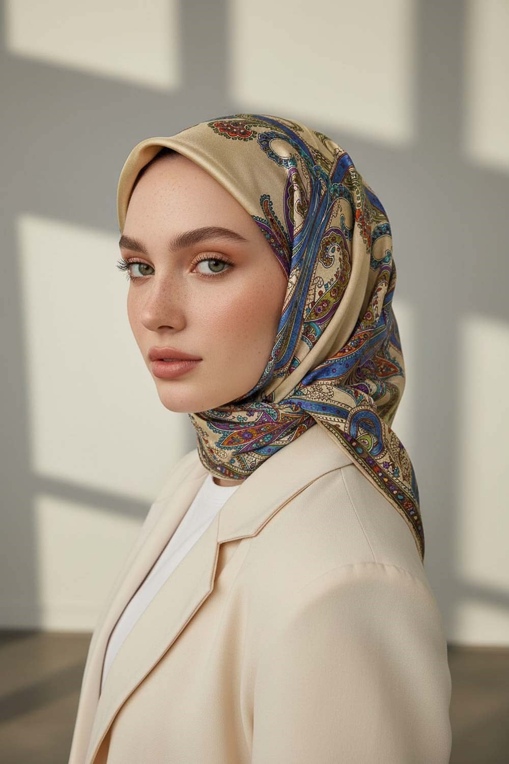 %100 Twill İpek Şal Desenli Bej - Mürdüm Renkli 90x90 Eşarp Dikim Şekli : El Dikişi