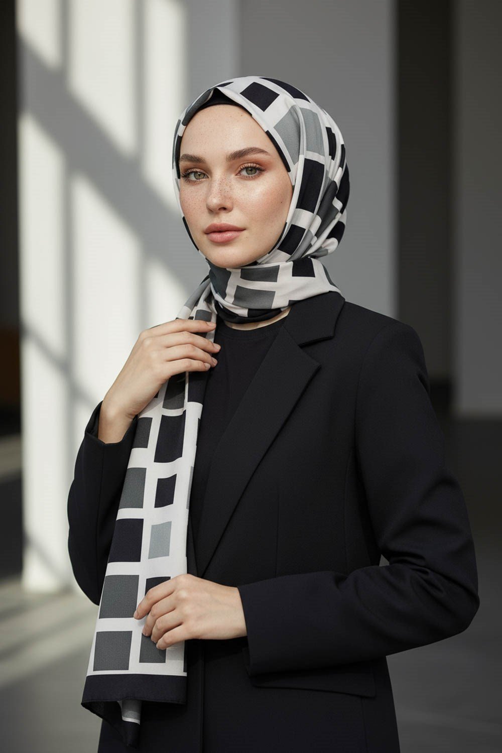 KREP KARE DESENLİ SİYAH RENKLİ 75X195 KIRIŞMAZ ŞAL