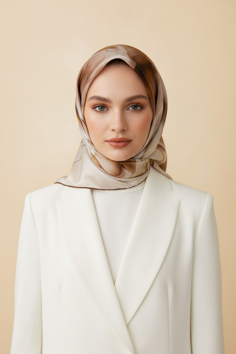 %100 Twill İpek Büyük Çiçek Desenli Kahverengi - Krem Renkli 90x90 Eşarp Dikim Şekli : El Dikişi