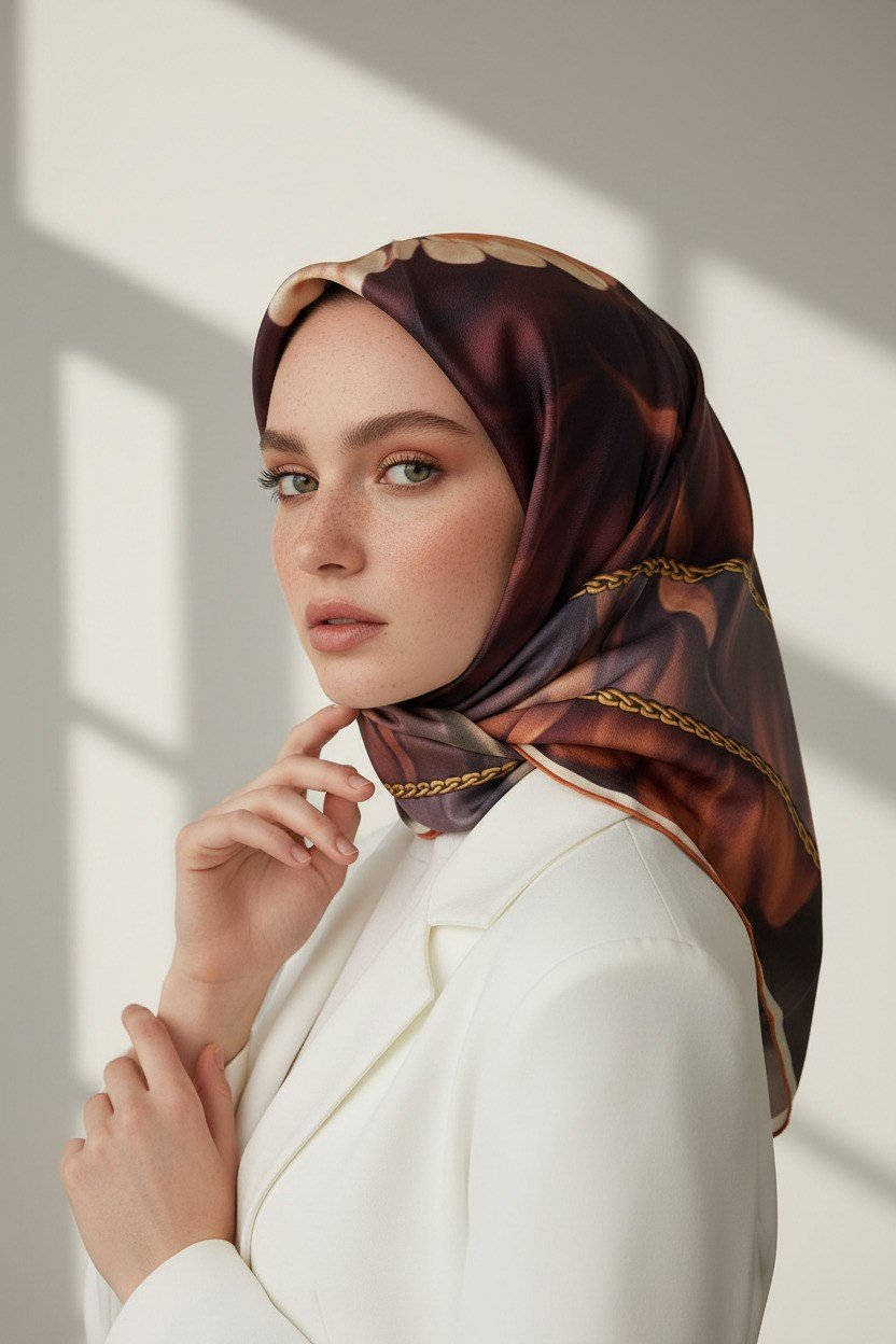 % 57 İPEK % 43 VİSKON Twill İpek Çiçek  Geometrik Desenli Taba Renkli 90x90 Eşarp Dikim Şekli : El Dikişi