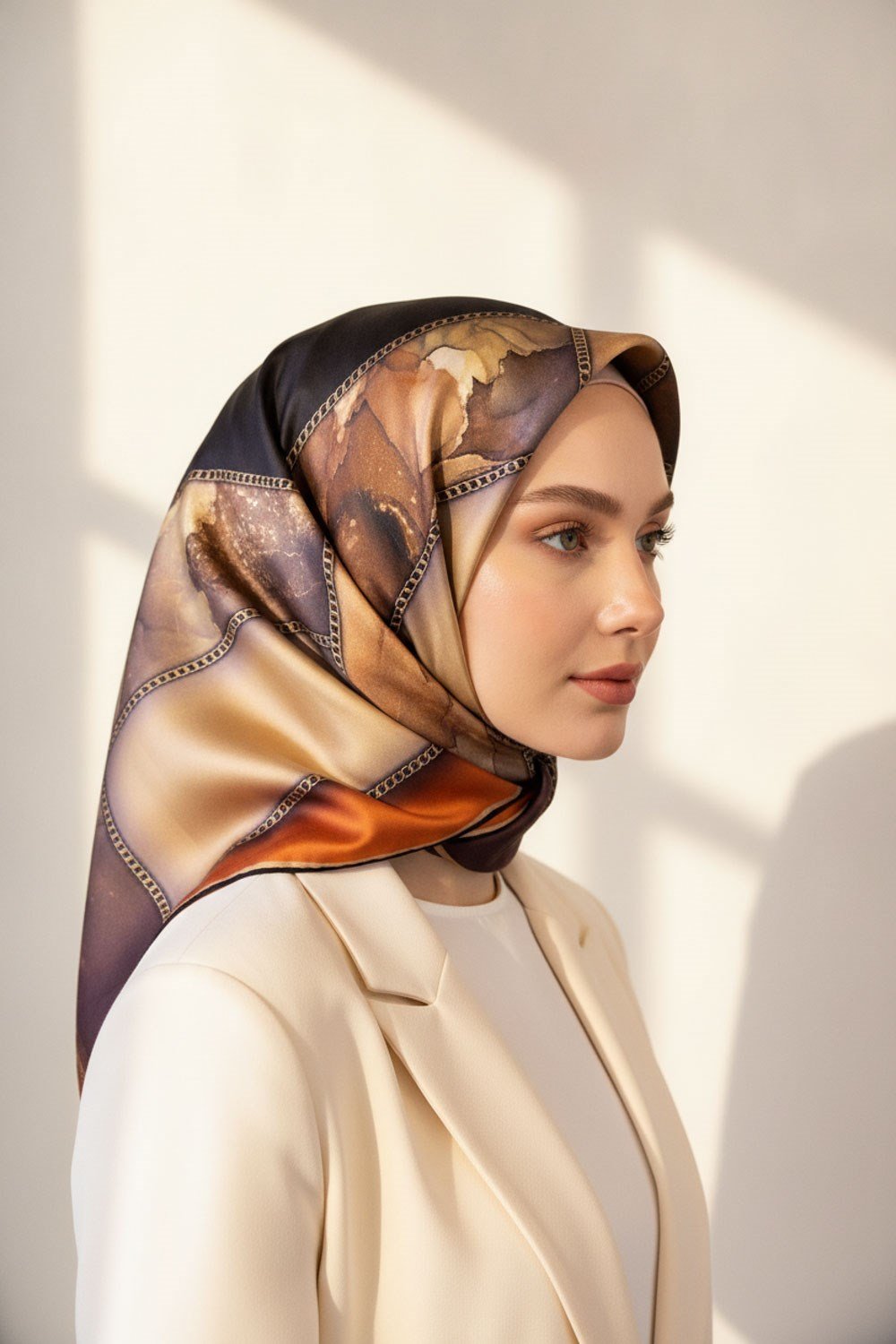 % 57 İPEK % 43 VİSKON Twill İpek Efektli Bant Desenli Taba - Bej Renkli 90x90 Eşarp Dikim Şekli : El Dikişi