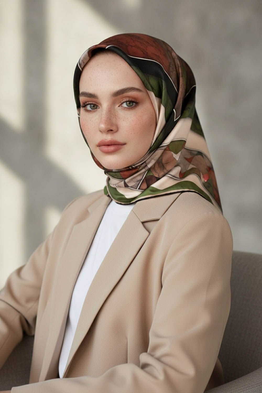 %100 Twill İpek Mermer Efektrli Geometrik Desenli Haki - Gold Renkli 90x90 Eşarp Dikim Şekli : El Dikişi