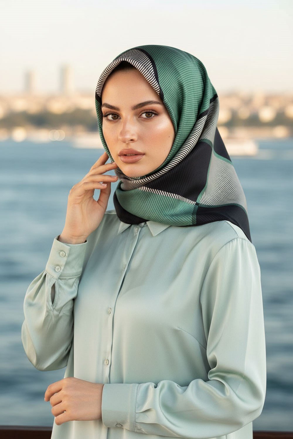 %100 Twill İpek Geometrik Desenli Petrol Yeşili Renkli 90x90 Eşarp Dikim Şekli : El Dikişi