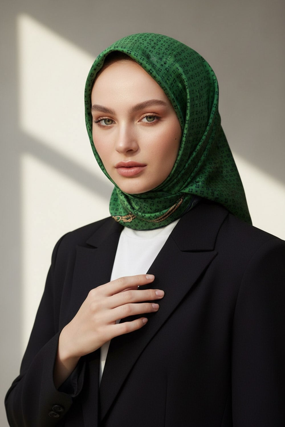 %100 Twill İpek Zincir Desenli Zümrüt Yeşili - Siyah Renkli 90x90 Eşarp Dikim Şekli : El Dikişi