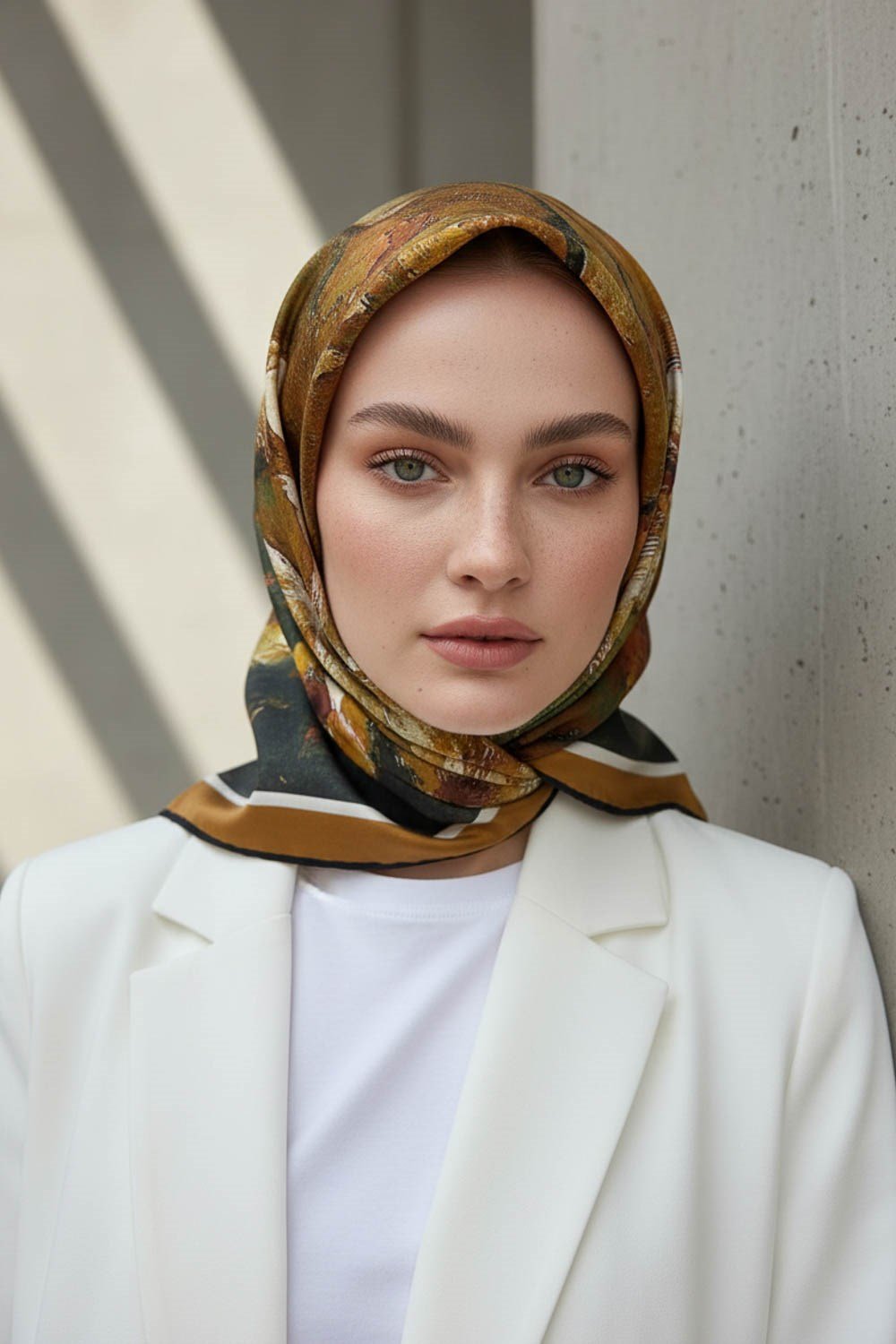 %100 Twill İpek Yağlı Boya Çiçek Desenli Bej - Haki Renkli 90x90 Eşarp Dikim Şekli : El Dikişi