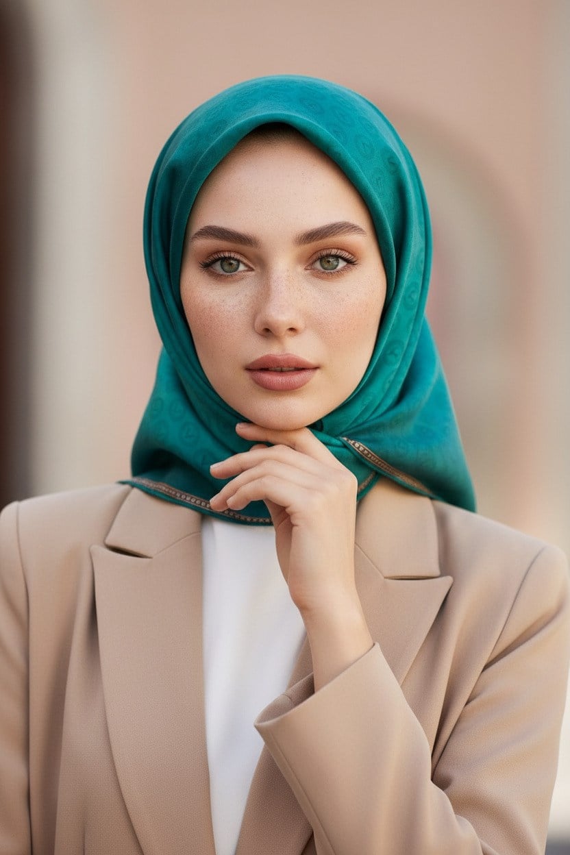 % 57 İPEK % 43 VİSKON Twill İpek Monogram Desenli Petrol Yeşili Renkli 90x90 Eşarp Dikim Şekli : El Dikişi