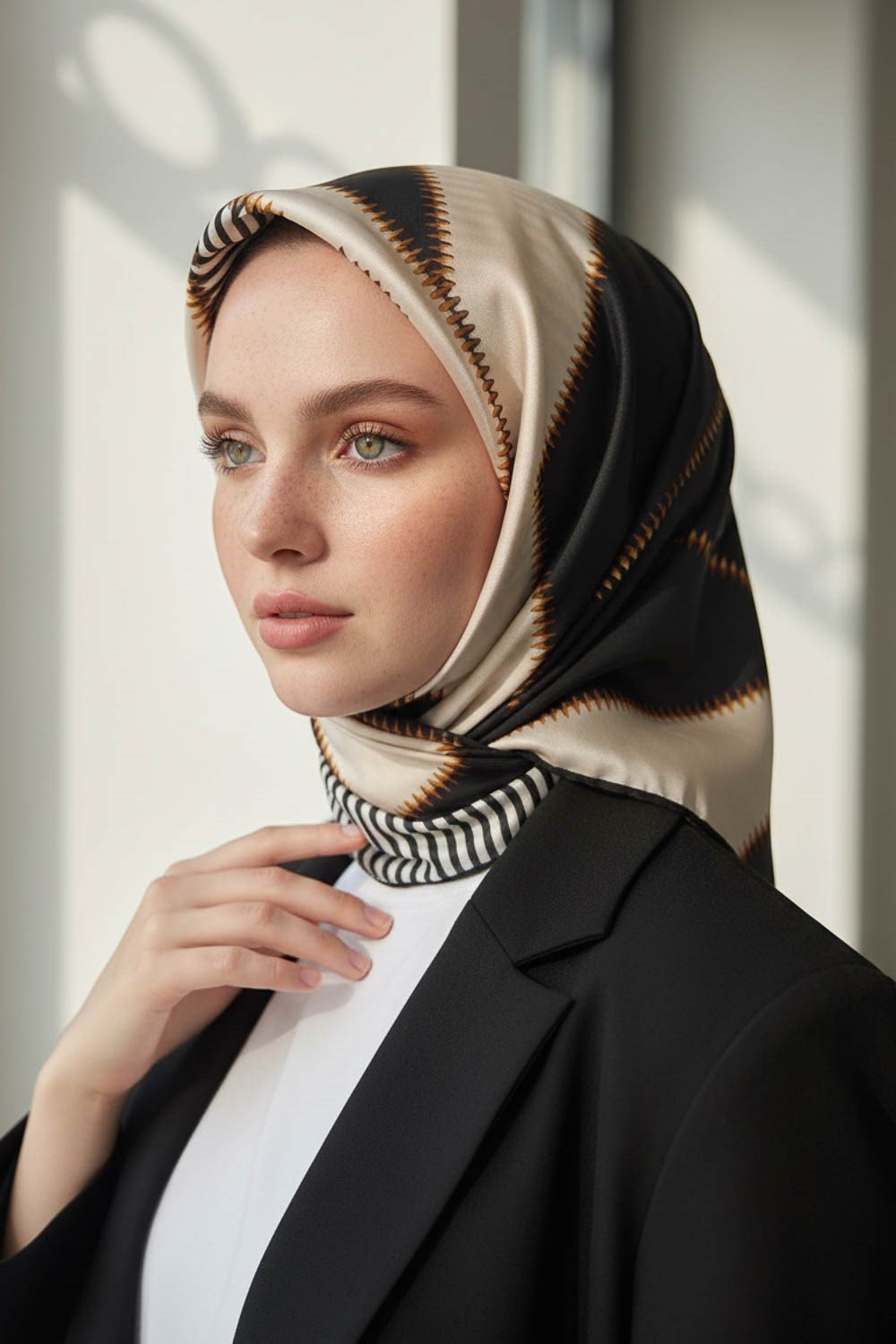 %100 Twill İpek Geometrik Desenli Gümüş - Siyah Renkli 90x90 Eşarp Dikim Şekli : El Dikişi