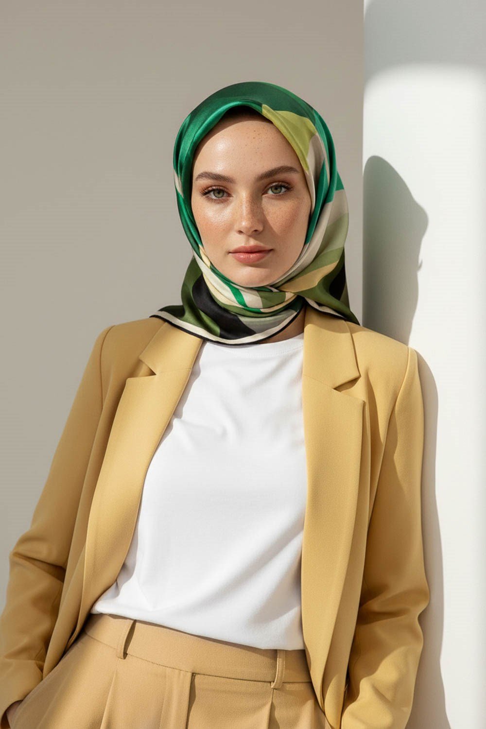 %100 Twill İpek Geometrik Desenli Zümrüt Yeşili Renkli 90x90 Eşarp Dikim Şekli : El Dikişi