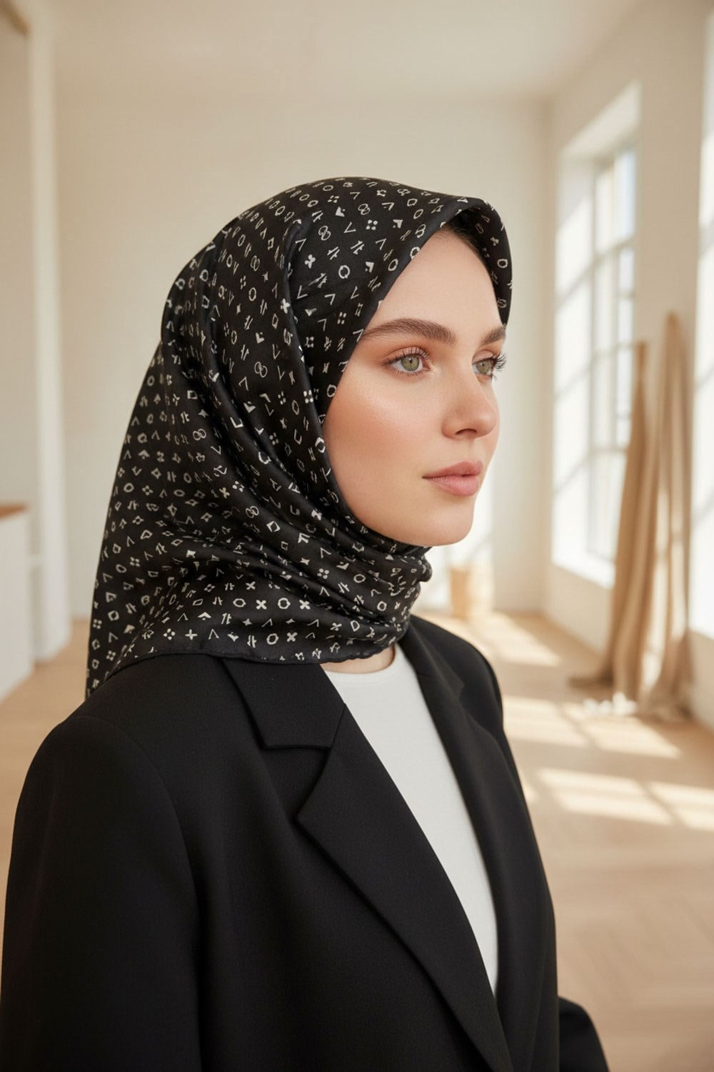 %100 Twill İpek Çıtır Motif Desenli Siyah - Krem Renkli 90x90 Eşarp Dikim Şekli : El Dikişi